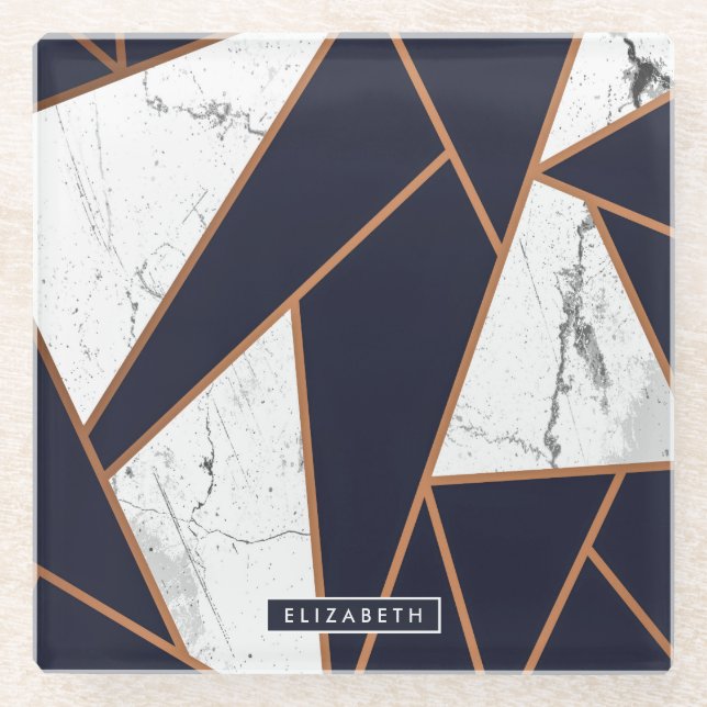 Navy Blue Marble Mosaic Glass Coaster (Front)