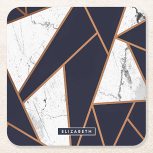 Navy Blue Marble Mosaic Square Paper Coaster