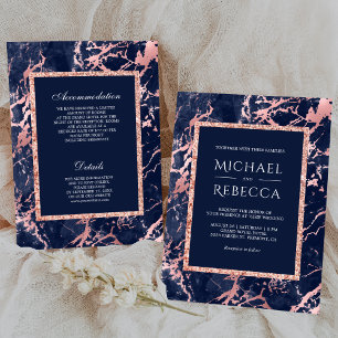 Navy Blue Marble Rose Gold All in One Wedding Invitation