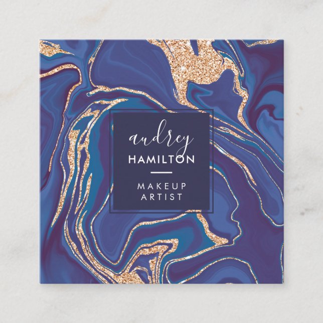 Navy blue marble rose gold glitter makeup modern square business card (Front)