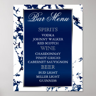 Navy Blue Marble, Silver & White - Bar Menu Poster