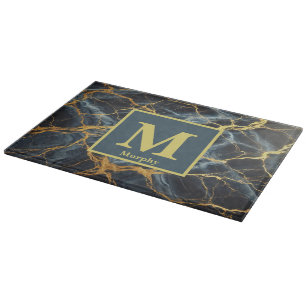 Navy Blue Marble with Gold Veins Monogram Cutting Board