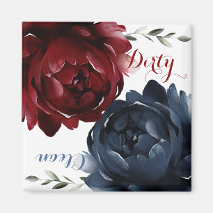 Navy Blue Maroon Red Roses Dishwasher Clean Dirty Magnet