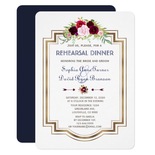 Navy Blue Marsala Floral Fall Rehearsal Dinner Card
