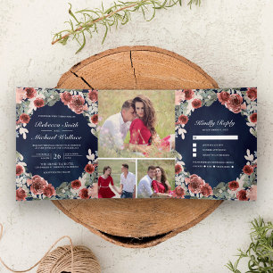 Navy Blue Marsala Floral Photo Collage Wedding Tri-Fold Invitation
