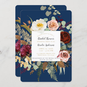 Navy Blue Marsala Pink Rustic Floral Bridal Shower Invitation