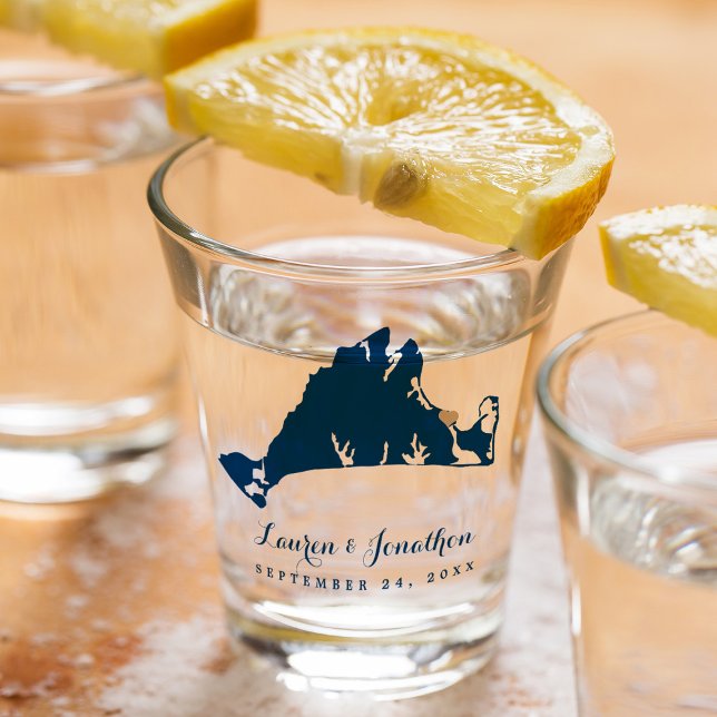 Navy Blue Martha's Vineyard Map Gold Heart Wedding Shot Glass (Creator Uploaded)