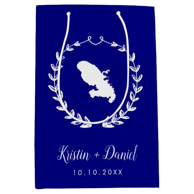 Navy Blue Martinique Map Wedding Welcome Swag Medium Gift Bag (Front)