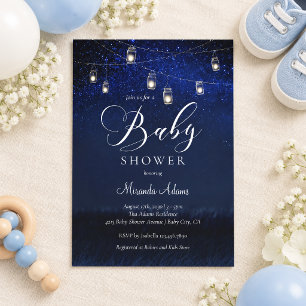 Navy Blue Mason Jar String Lights Baby Shower Invitation