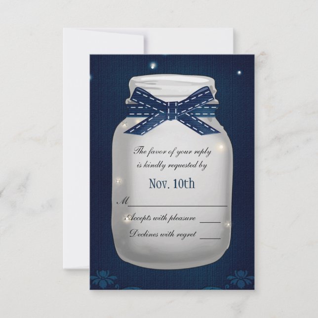 Navy Blue Mason Jar with Fireflies RSVP Card (Front)