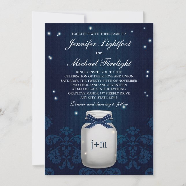 Navy Blue Mason Jar with Fireflies Wedding Invitation (Front)