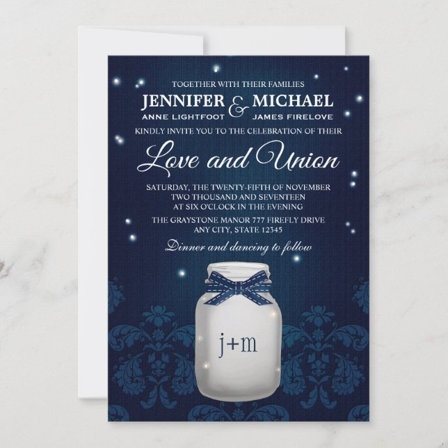Navy Blue Mason Jar with Fireflies Wedding Invitation (Front)