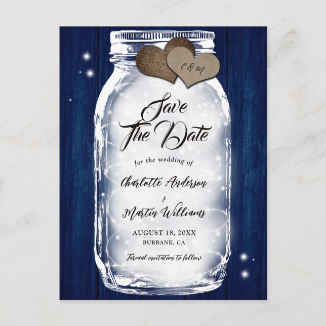 Navy Blue Mason Jar Wood String Lights Wedding Announcement Postcard (Front)