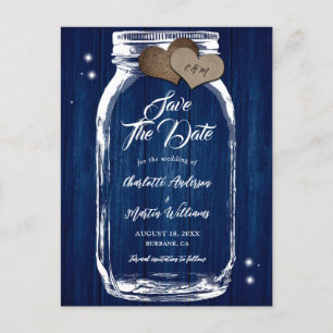 Navy Blue Mason Jar Wood Wedding Save The Date Announcement Postcard