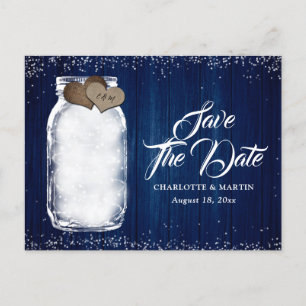Navy Blue Mason Jar Wood Wedding Save The Date Announcement Postcard