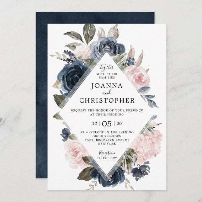 Navy Blue Mauve Blush Rose Boho Geometric Wedding Invitation (Front/Back)