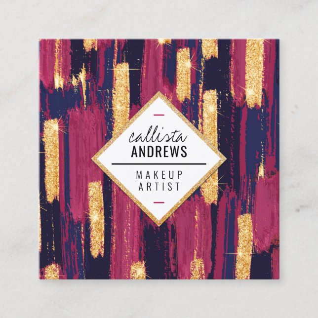 Navy Blue Mauve Purple Gold Glitter Paint Makeup Square Business Card (Front)