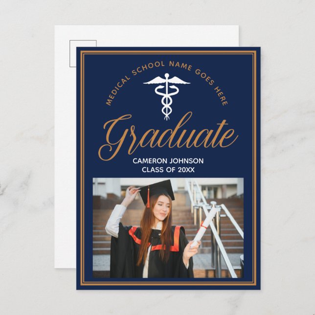 Navy Blue Medical School Photo Graduation Party Announcement Postcard (Front/Back)