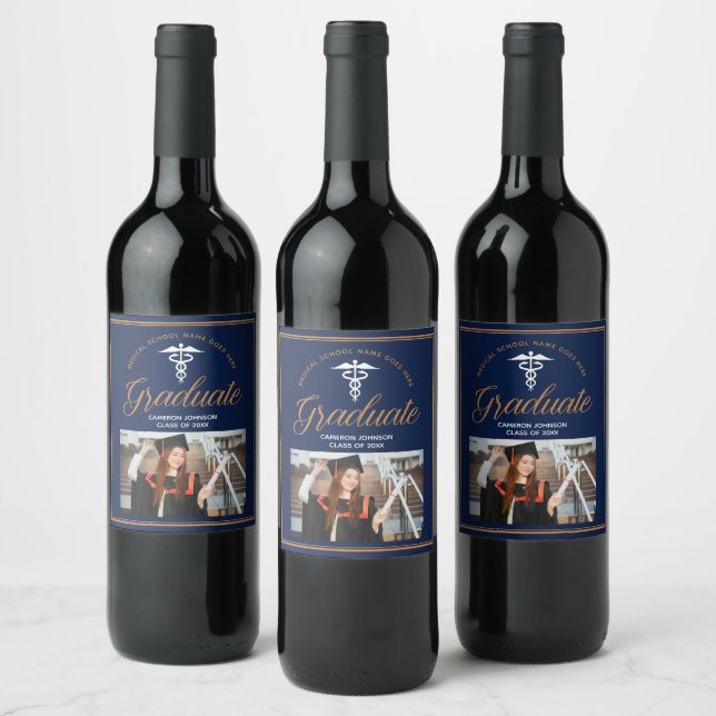 Navy Blue Medical School Photo Graduation Party Wine Label (Bottles)