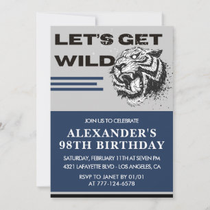 Navy Blue Men 98th birthday invitations Tiger