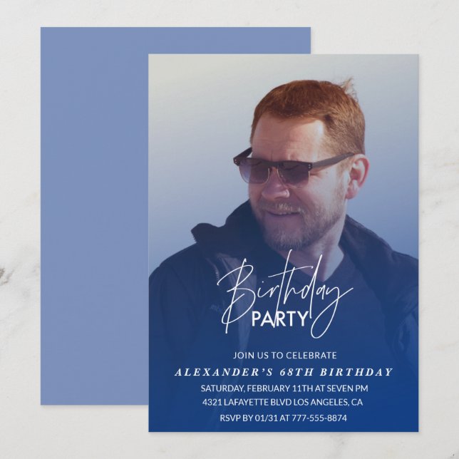 Navy blue Men Photo 68th birthday party Invitatio Invitation (Front/Back)