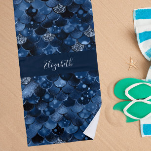 Navy blue mermaid scales name beach towel