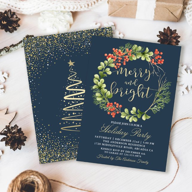Navy Blue Merry Bright Holly Berries Holiday Party Invitation (Creator Uploaded)