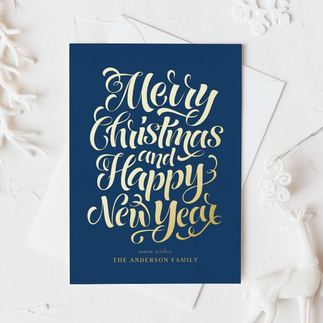 Navy Blue Merry Christmas and a Happy New Year Foil Holiday Card (Creator Uploaded)