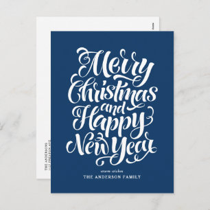 Navy Blue Merry Christmas and a Happy New Year Holiday Postcard