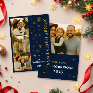 Navy Blue Merry Christmas Family Photo Snowflake  Holiday Card