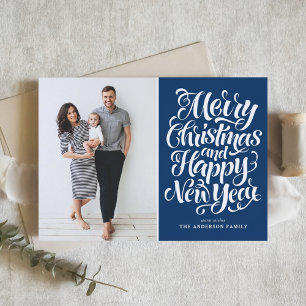 Navy Blue Merry Christmas & Happy New Year Photo Holiday Card