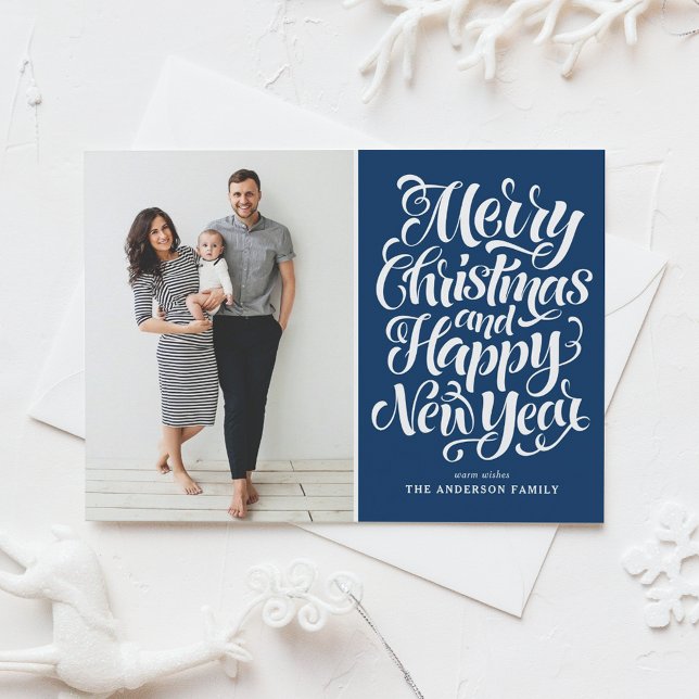 Navy Blue Merry Christmas & Happy New Year Photo Holiday Card (Creator Uploaded)