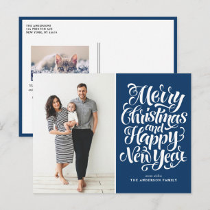 Navy Blue Merry Christmas & Happy New Year Photo Holiday Postcard