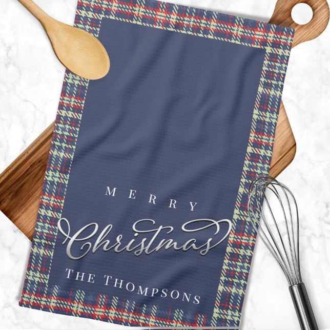 Navy Blue Merry Christmas Plaid Custom Tea Towel (Merry Christmas custom plaid kitchen towel.)