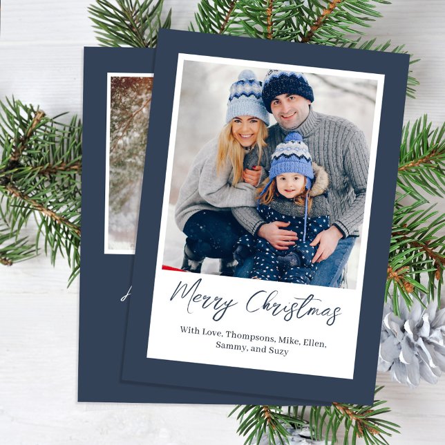 Navy Blue Merry Christmas Simple Photo Holiday Card (Merry Christmas Photo Calligraphy Script Card.)