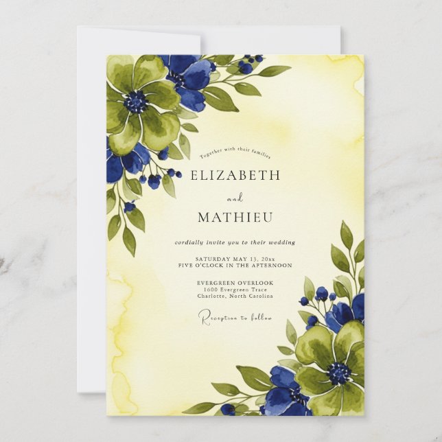 Navy Blue Mesmerizing Botanical Summer Wedding Invitation (Front)
