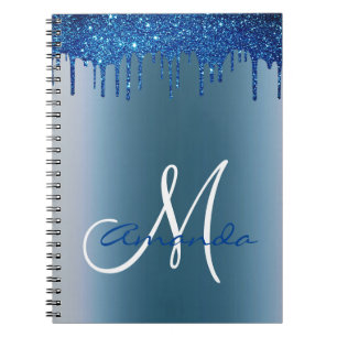 Navy Blue Metal Glitter Drips Monogram Notebook