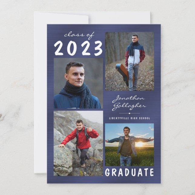 Navy Blue Metallic 5 Photo Collage Graduation  Announcement (Front)