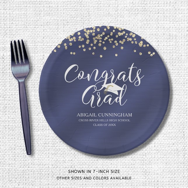 Navy Blue  Metallic CONGRATS GRAD Confetti  Paper Plate (Creator Uploaded)