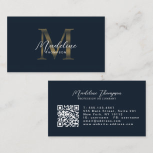 Navy Blue Metallic Gold Monogram Script QR Code Business Card