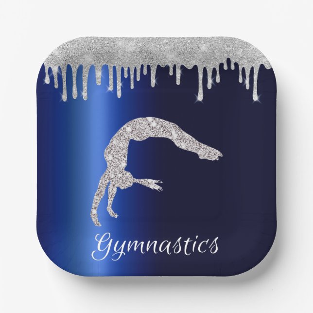 Navy Blue Metallic Silver Sparkle Gymnastics Paper Plate (Front)