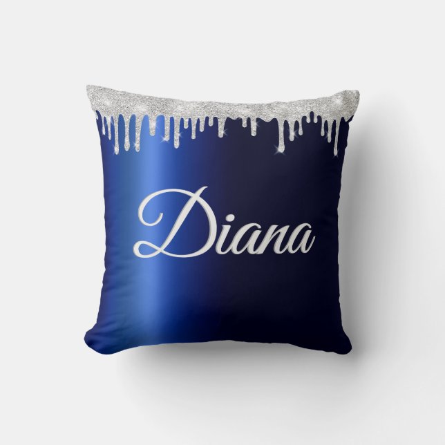Navy Blue Metallic Silver Sparkle Personalised Cushion (Front)