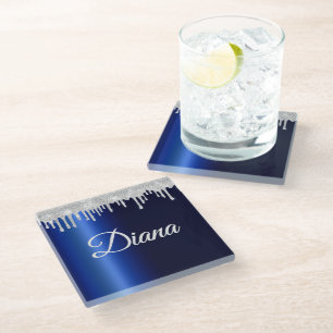 Navy Blue Metallic Silver Sparkle Personalised Glass Coaster
