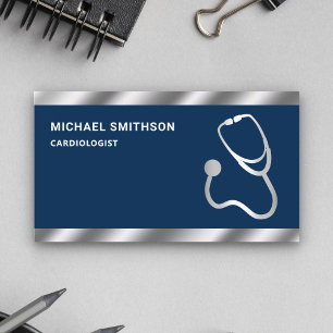 Navy Blue Metallic Steel Stethoscope Doctor Business Card