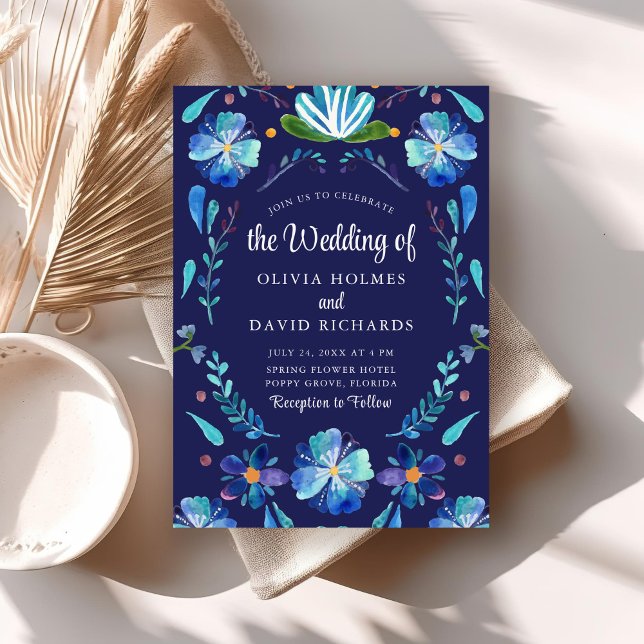 Navy Blue Mexican Floral Fiesta Wedding Invite (Navy Blue Mexican Floral Fiesta Wedding Invite on a neutral boho wedding table.)