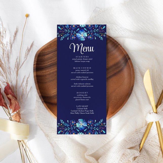 Navy Blue Mexican Floral Fiesta Wedding Menu Card (Navy Blue Mexican Floral Fiesta Wedding Menu Card on a boho wedding table.)