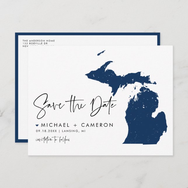 Navy Blue Michigan Map QR Code Save the Date Announcement Postcard (Front/Back)