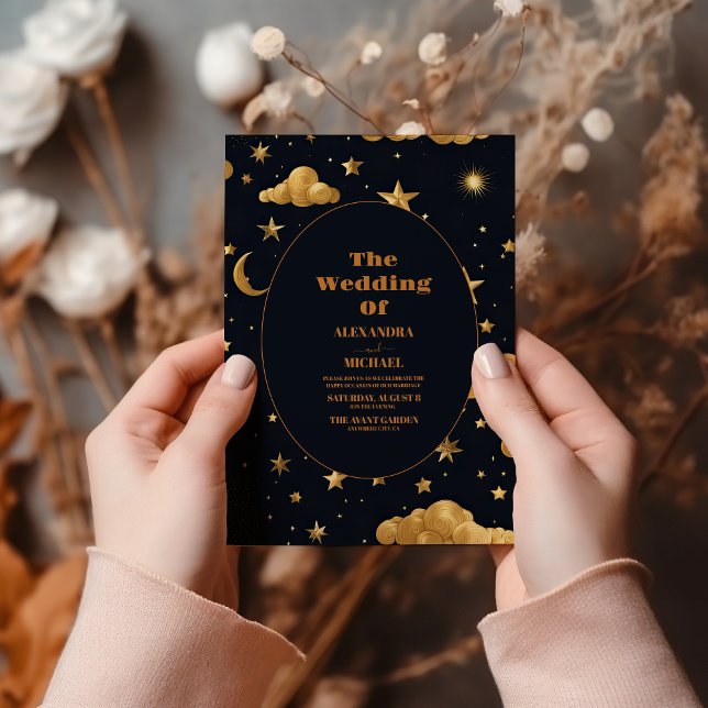Navy Blue Mid Summer Night Dream Celestial Wedding Invitation (Creator Uploaded)