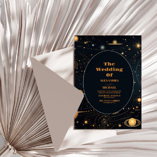 Navy Blue Mid Summer Night Dream Celestial Wedding Invitation