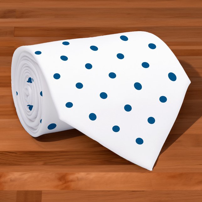 Navy Blue Mini Polka Dot Pattern on White Tie (Navy Blue Mini Polka Dot Pattern on White Neck Tie, rolled, in situ)